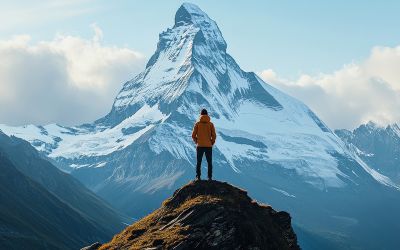 Photo of a climber looking into the distance at a massive mountain peak to illustrate the article Trusting God in Times of Uncertainty.